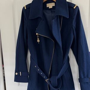 Michael Kors Navy Trench Coat with Gold Accents